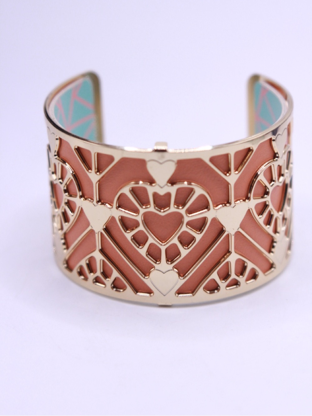 Les Georgettes Heart Filigree Cuff Bracelet with Reversible Leather Insert 6.5”